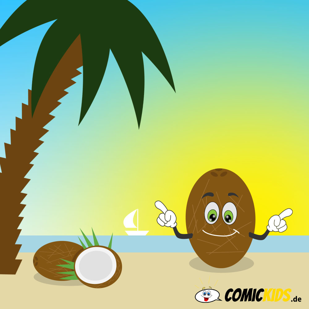 Eine Kokosnuss als Comicfigur